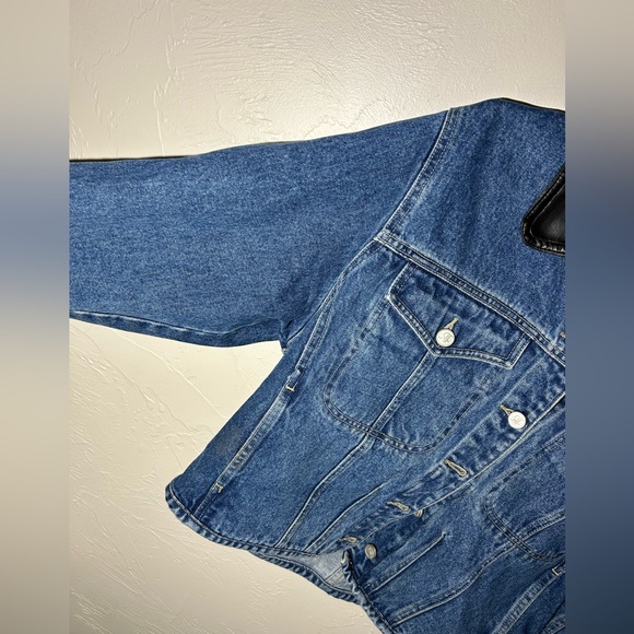 vintage rafaella cropped denim jacket with leather collar, size L - Picture 2 of 7